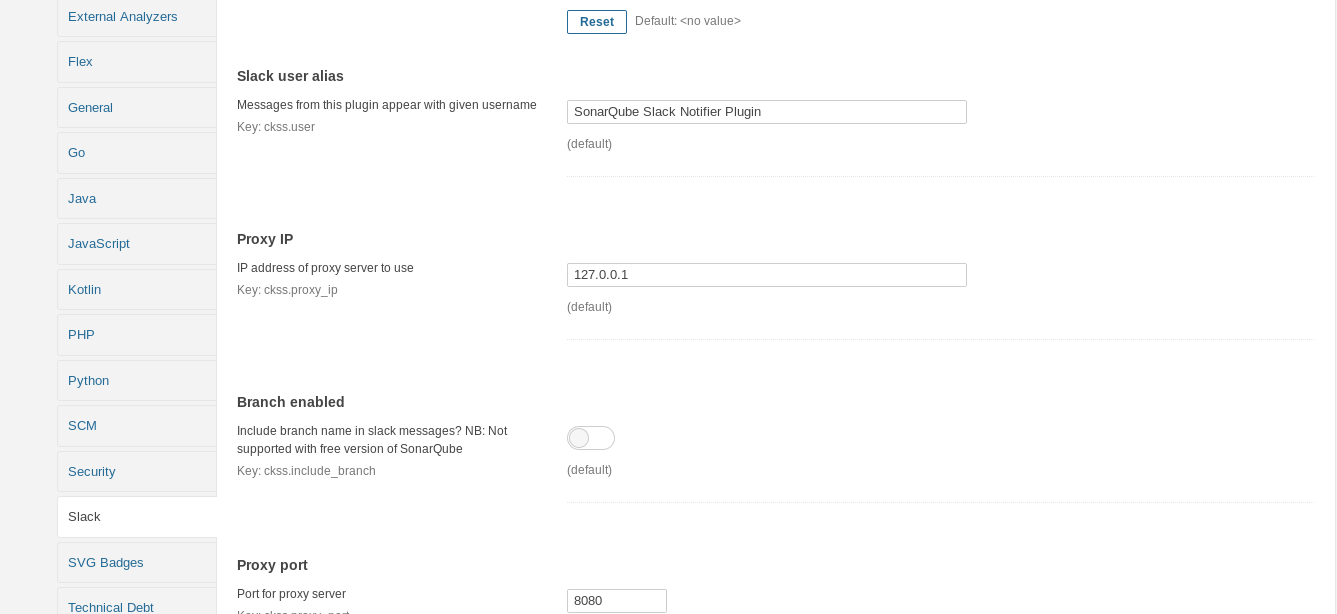 Slack SonarQube plugin screenshot